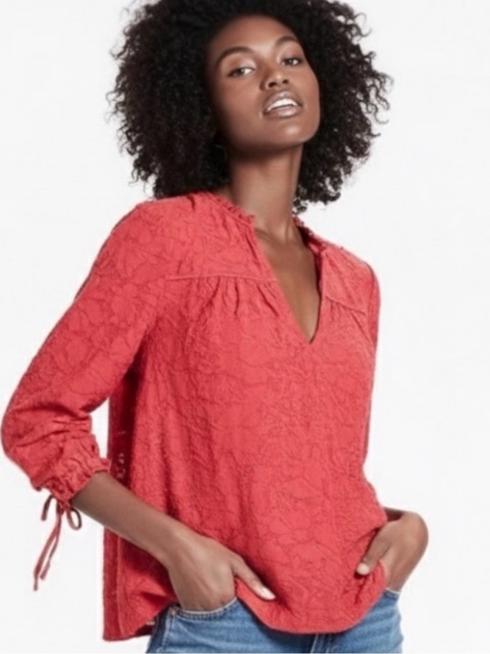 Lucky Brand Rust Boho Peasant Blouse Flowy V Neck 3/4 Sleeve Size M